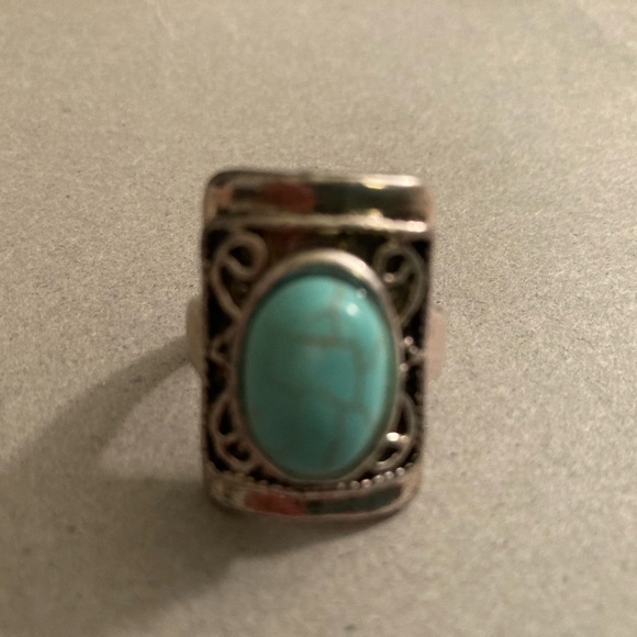 Antique Finish Filigree Silver Plated Turquoise Ring - Picture 2 of 5